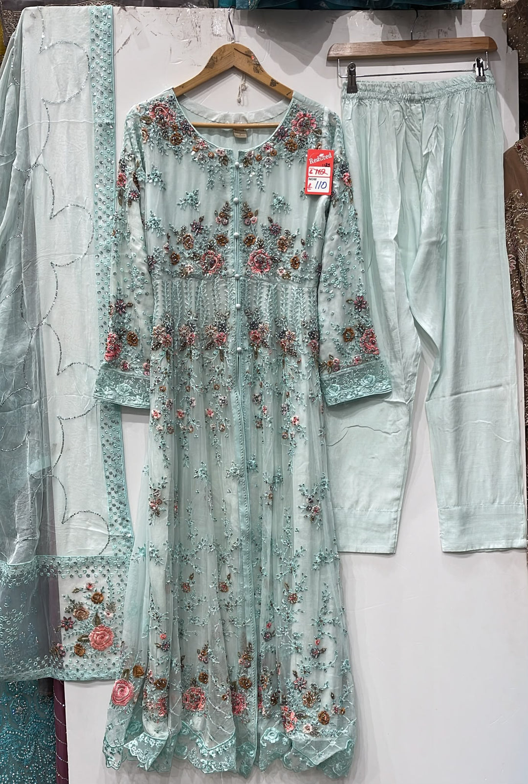 371A LIGHT BLUE CHIFFON EMBROIDERED LONG DRESS - East meets west clothing 