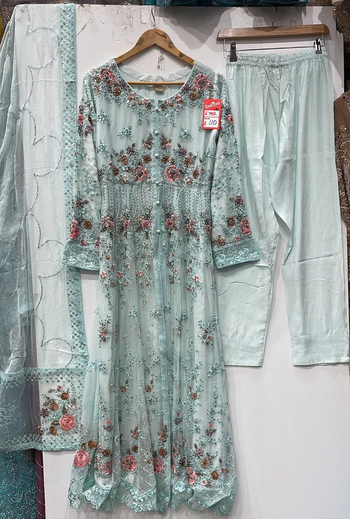371A LIGHT BLUE CHIFFON EMBROIDERED LONG DRESS - East meets west clothing 