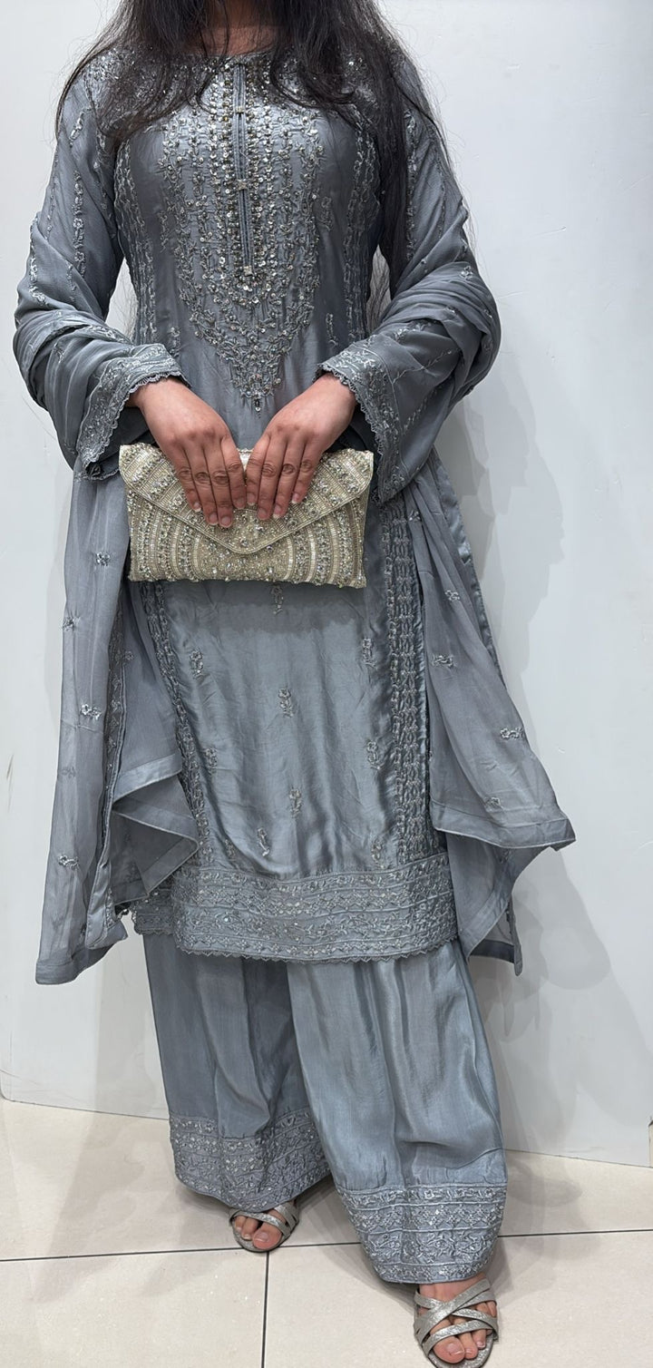 AG21a- GREY EMBROIDERED SILK 3 PIECE SUIT