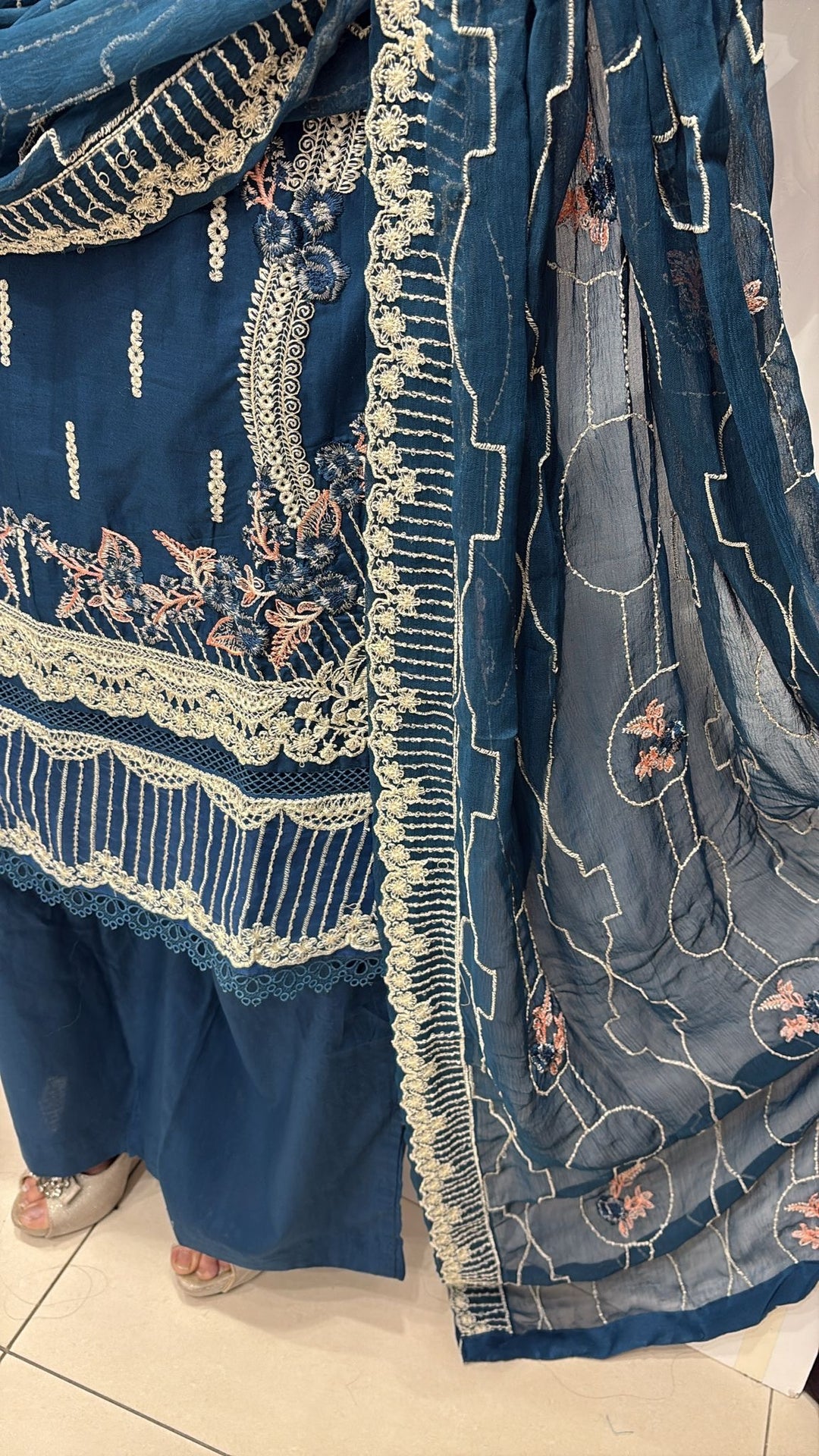 76B - Attire designer Teal Blue Embroidered Cotton 3 piece suit