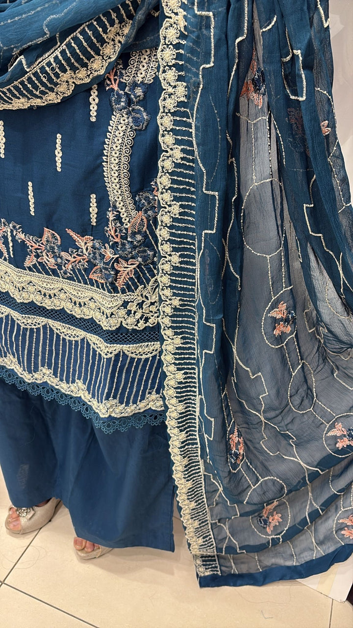 76B - Attire designer Teal Blue Embroidered Cotton 3 piece suit