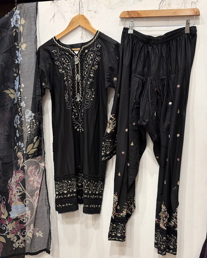 1130D - Black Viscose Shirt with Farshi Shalwar & Chiffon