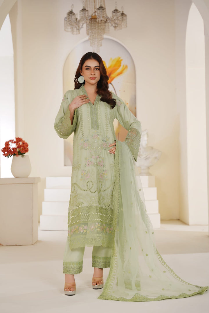 1165A - Light Green Embroidered Linen Chikankari 3 Piece suit