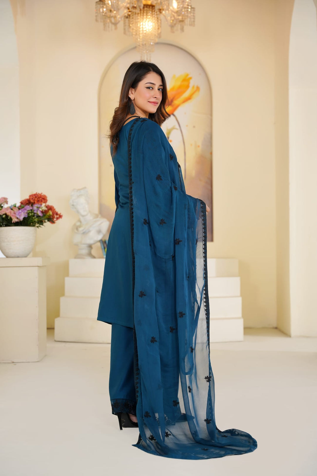 1171B - TEAL BLUE LINEN EMBROIDERED 3 PIECE SUIT