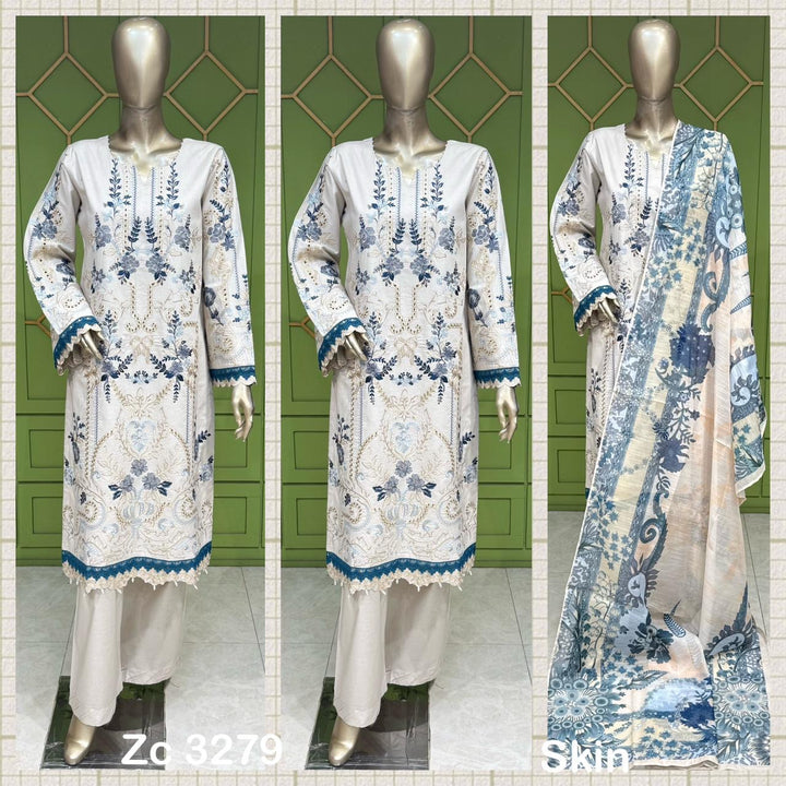1118B- Cream Embroidered Cotton 3 Piece suit