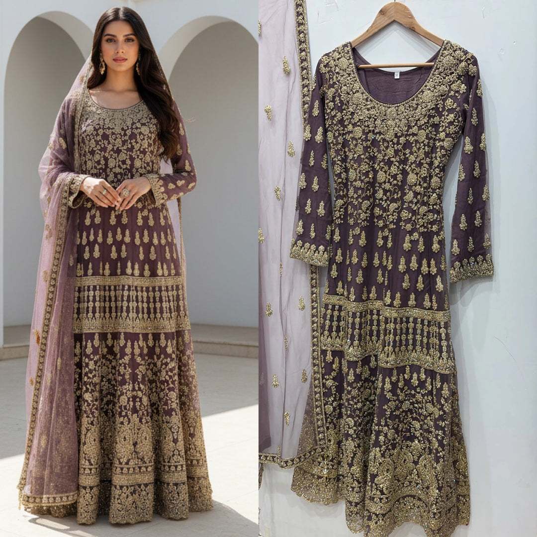 7013C- Embroidered & Embellished net long dress