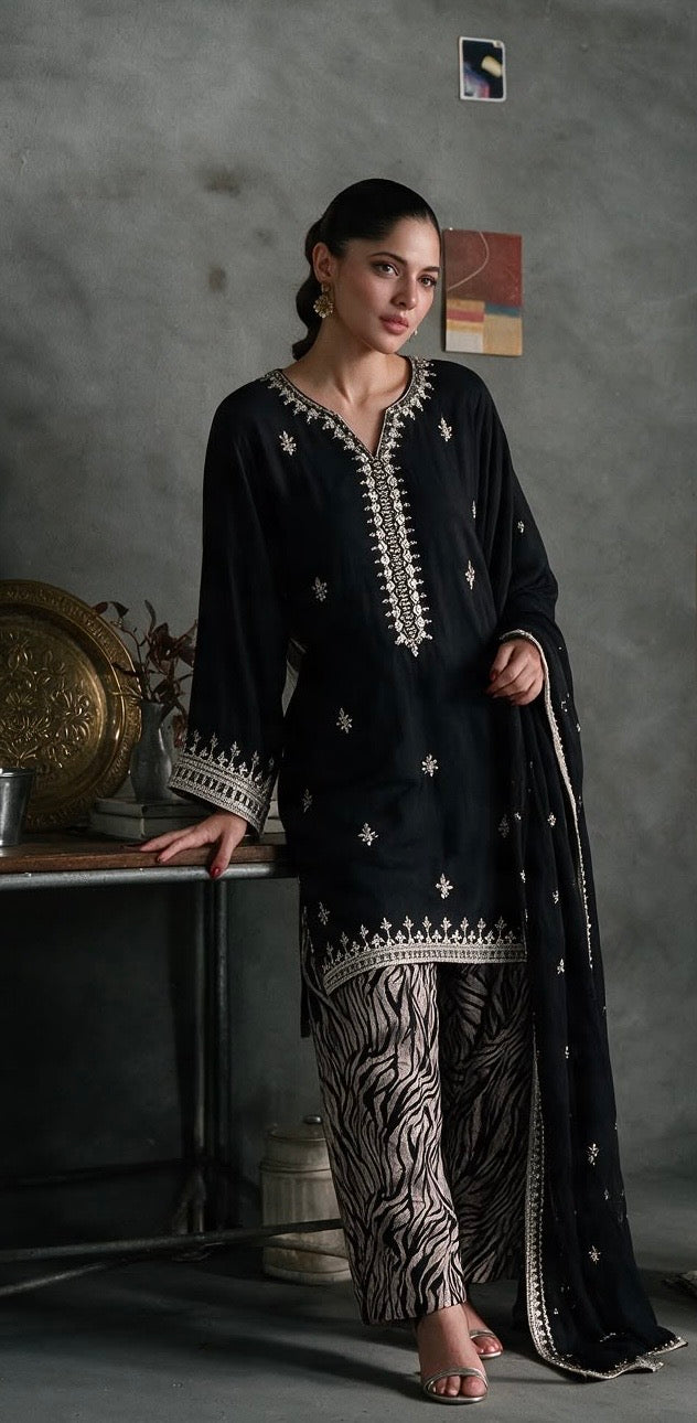 2004A Black Viscose Embroidered Pakistani Shalwar Suit - East meets west clothing 