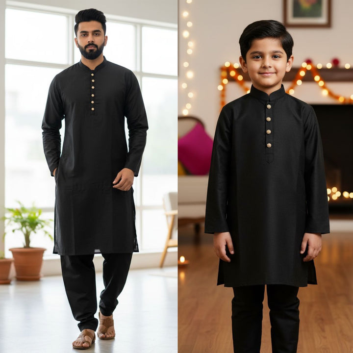 CK603E- Black cotton satin kameez set for Men & Boy