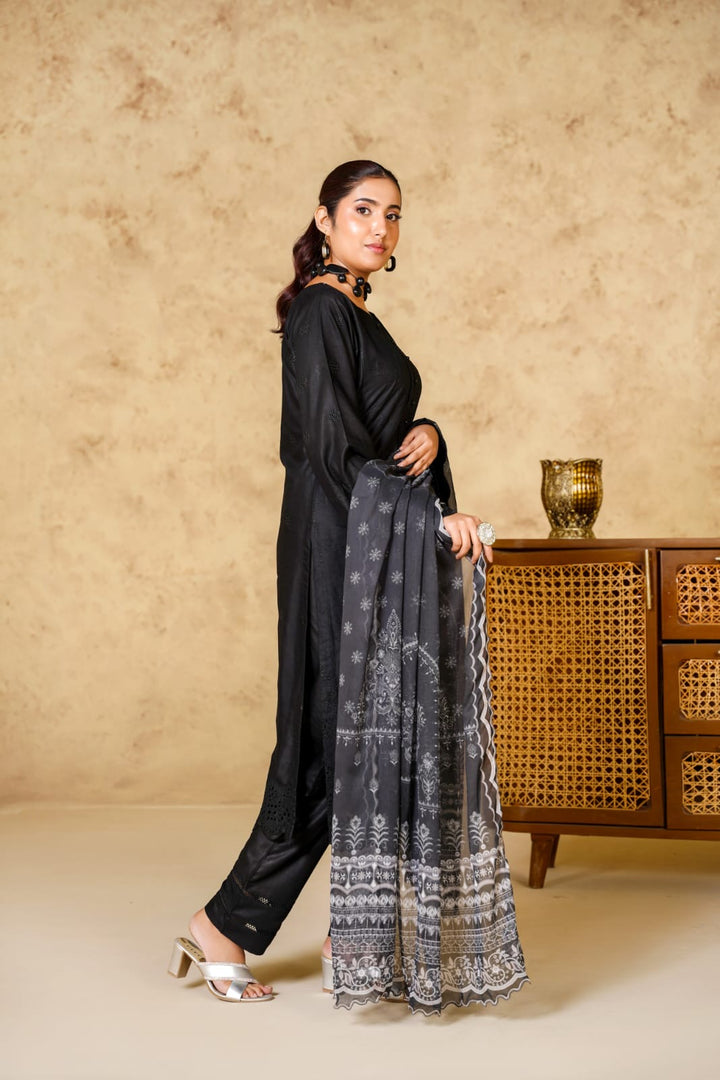 1167C - BLACK LINEN CHIKANKARI 3 PIECE SUIT