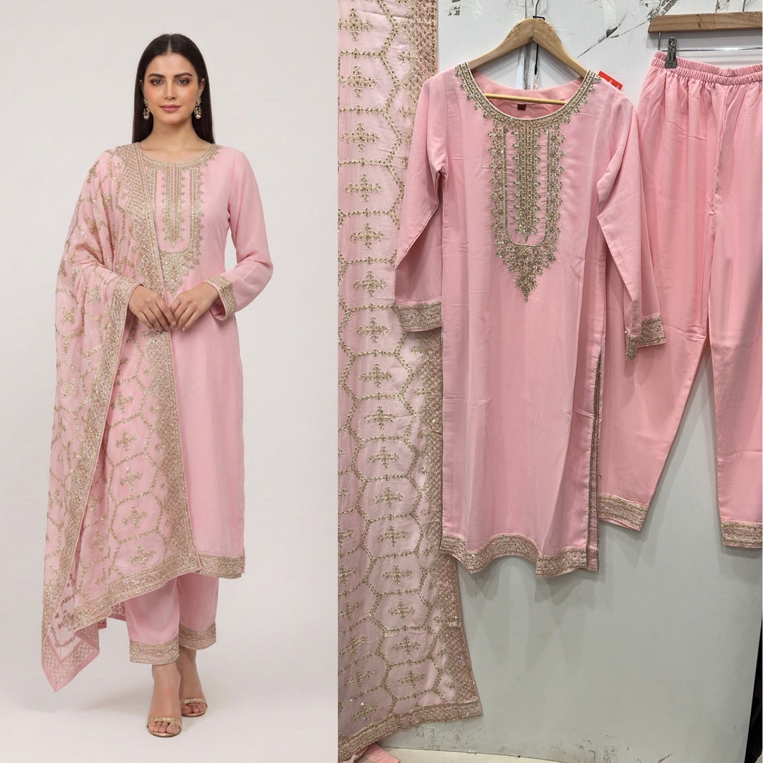 316D- PINK EMBROIDERED CHIFFON 3 PIECE SUIT