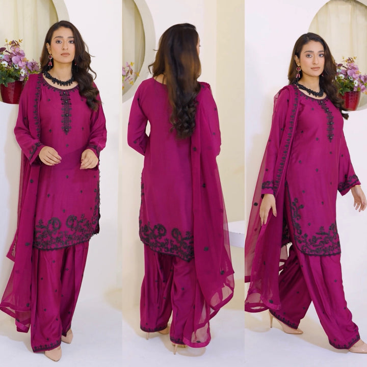 FV13 - Plum Farshi Shalwar Viscose Silk Embroidered suit