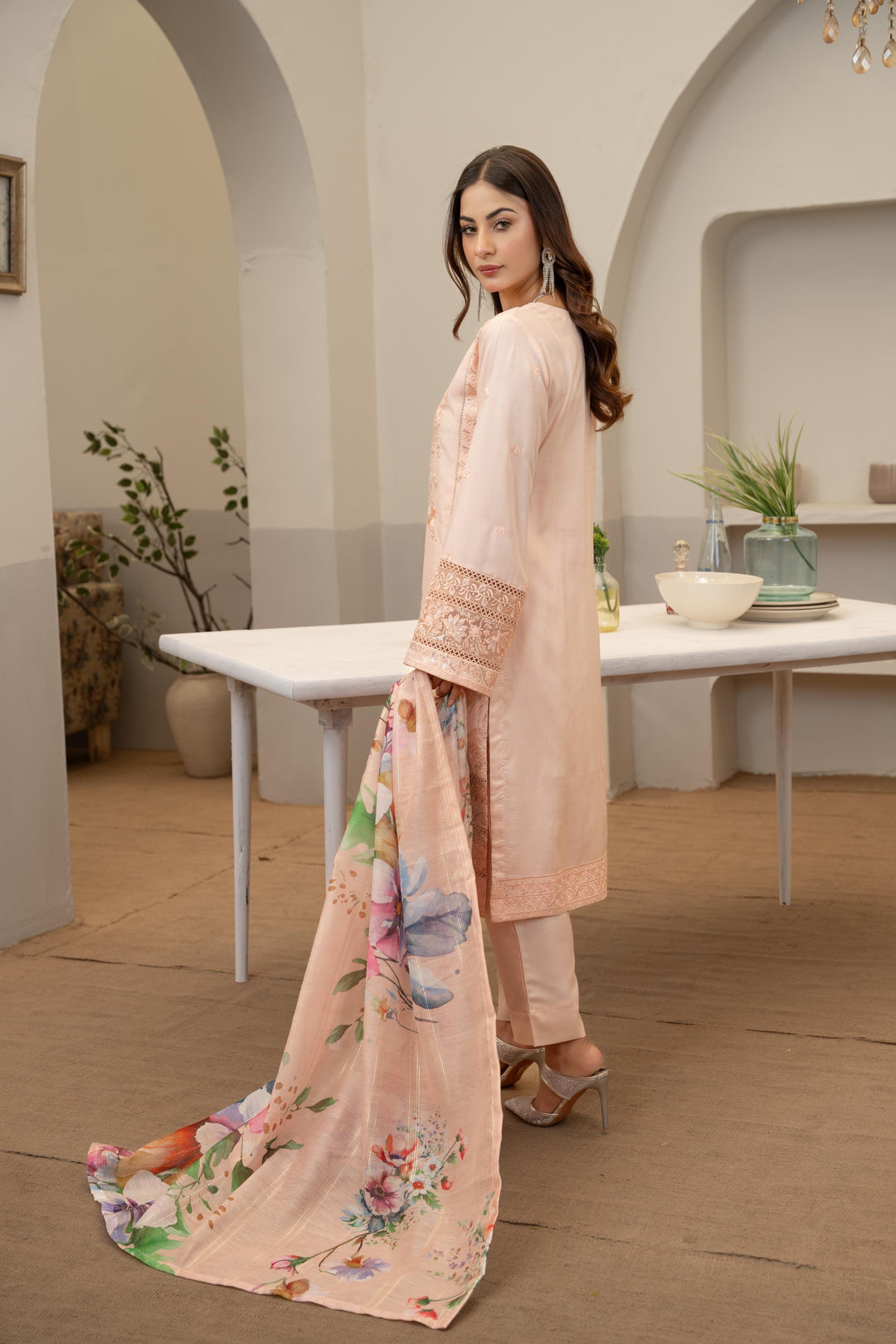 71A - Maria b inspired Peachy Pink Embroidered Cotton 3 piece suit