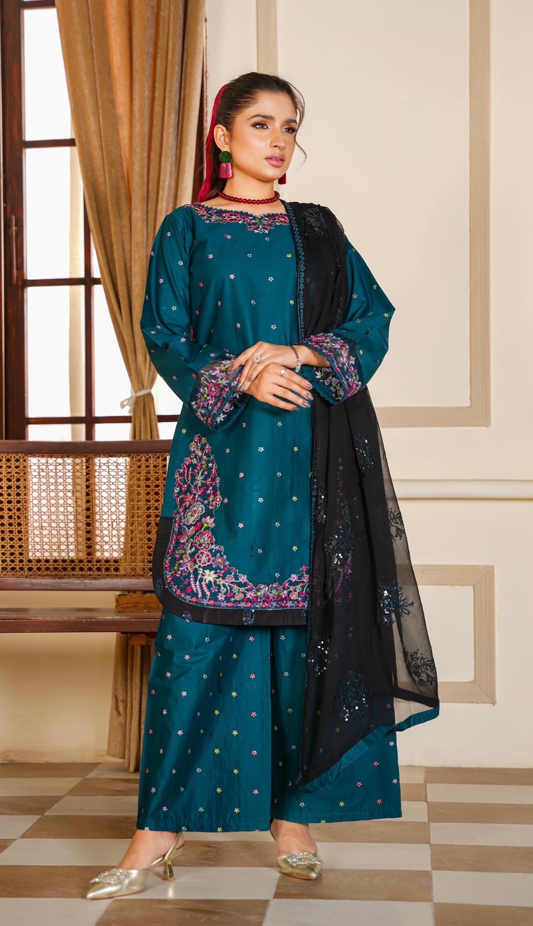 1192A - Embroidered Cotton palazzo 3 Piece suit