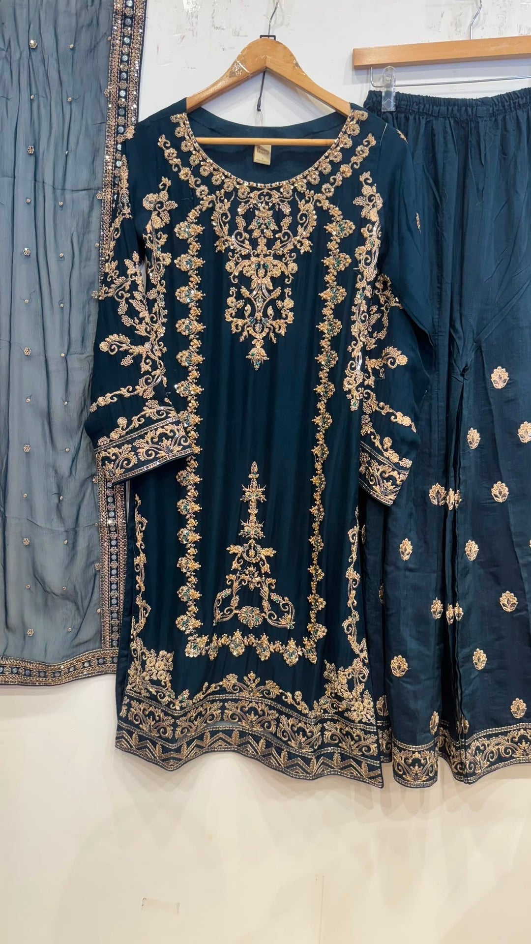 347B- Teal Embroidered Chiffon 3 Piece Suit