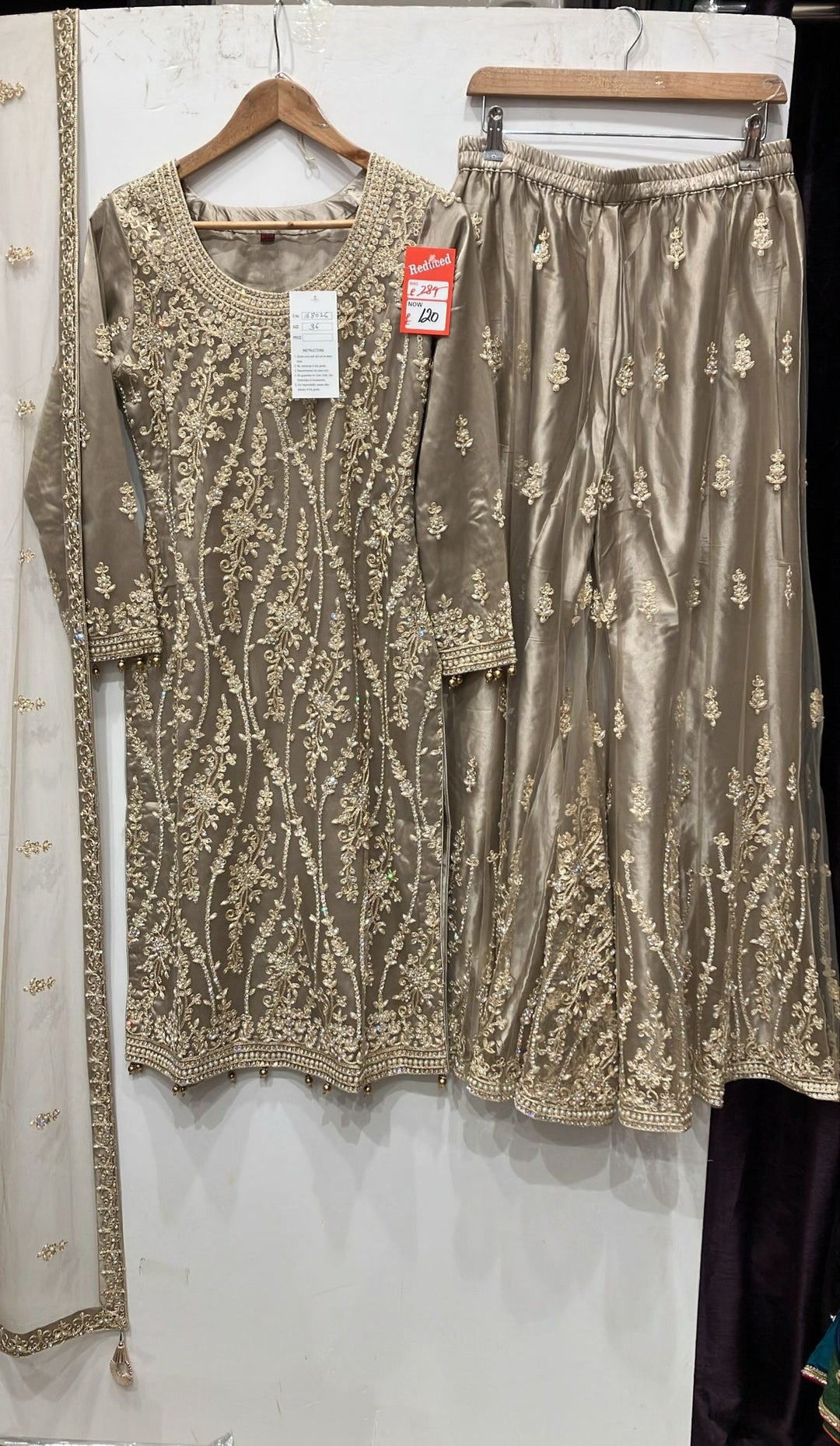 168E - BEIGE GOLD EMBROIDERED & EMBELLISHED NET SUIT