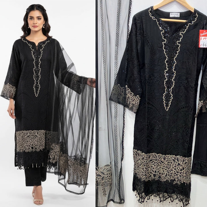 1173C - Black Embroidered Linen 3 Piece suit
