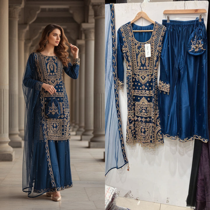 218A- BLUE EMBROIDERED & EMBELLISHED NET SUIT