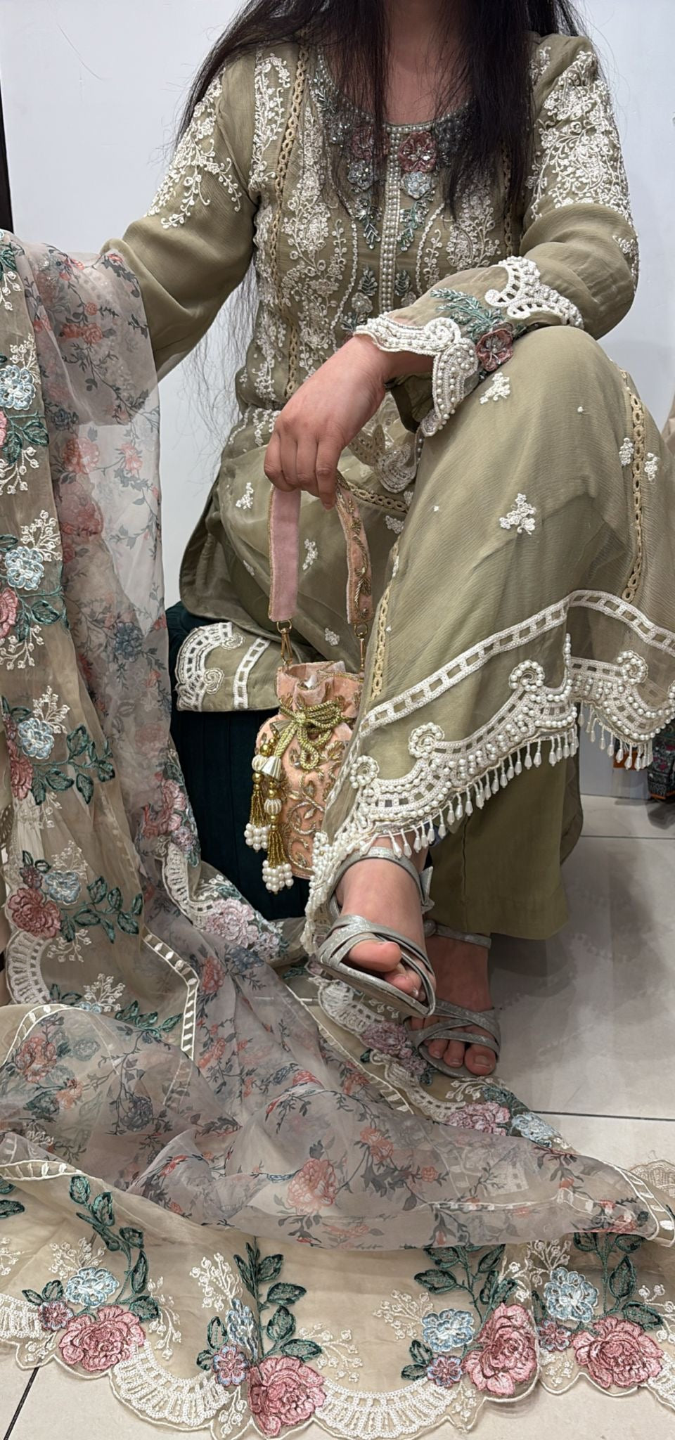 MINT GREEN EMBROIDERED CHIFFON 3 PIECE SUIT 228D