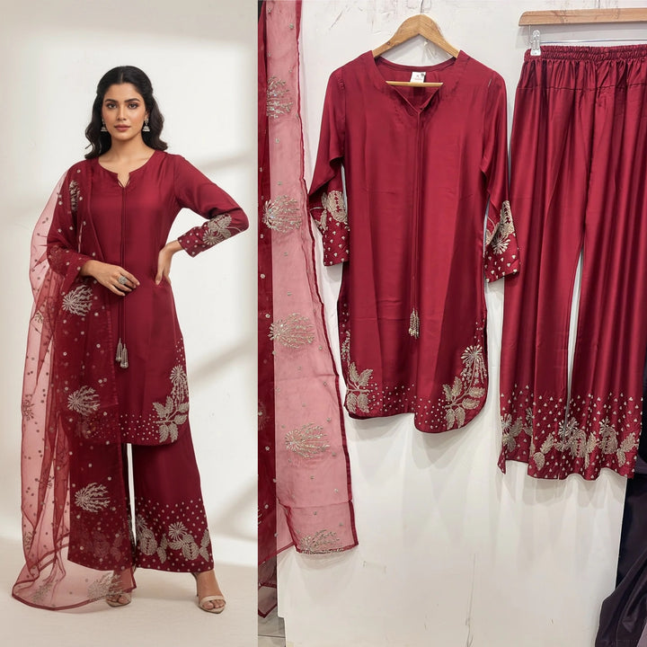 1179B - Red Embroidered Viscose 3 Piece suit