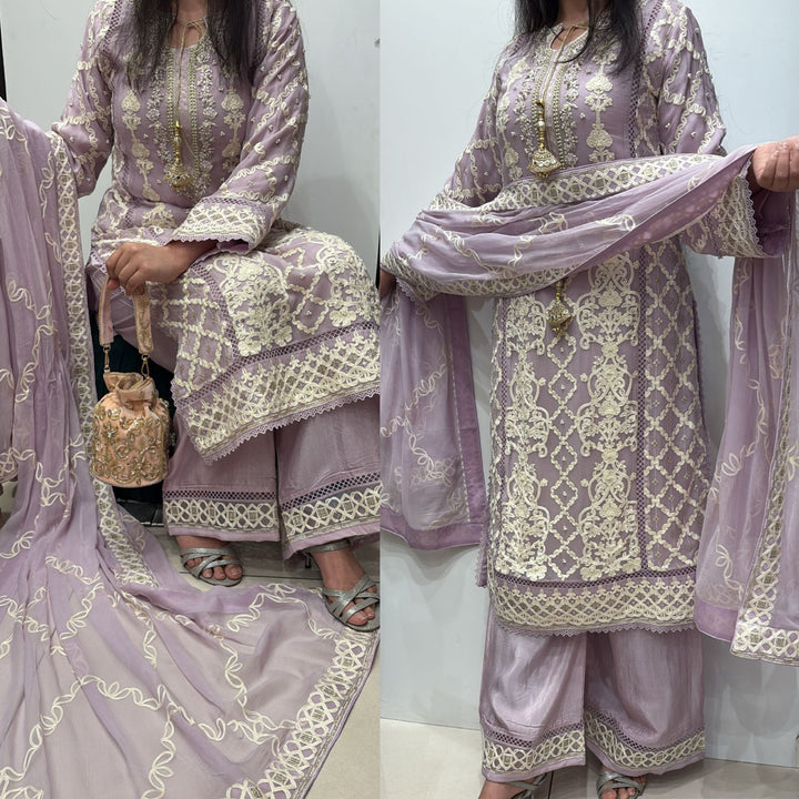 385A- PURPLE EMBROIDERED CHIFFON 3 PIECE SUIT