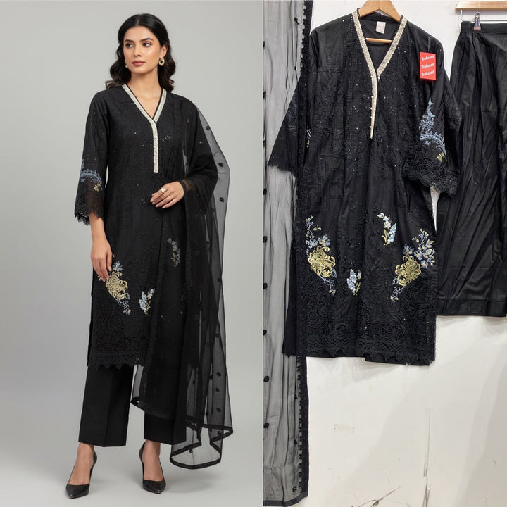 1117B - Black Embroidered Cotton 3 Piece suit