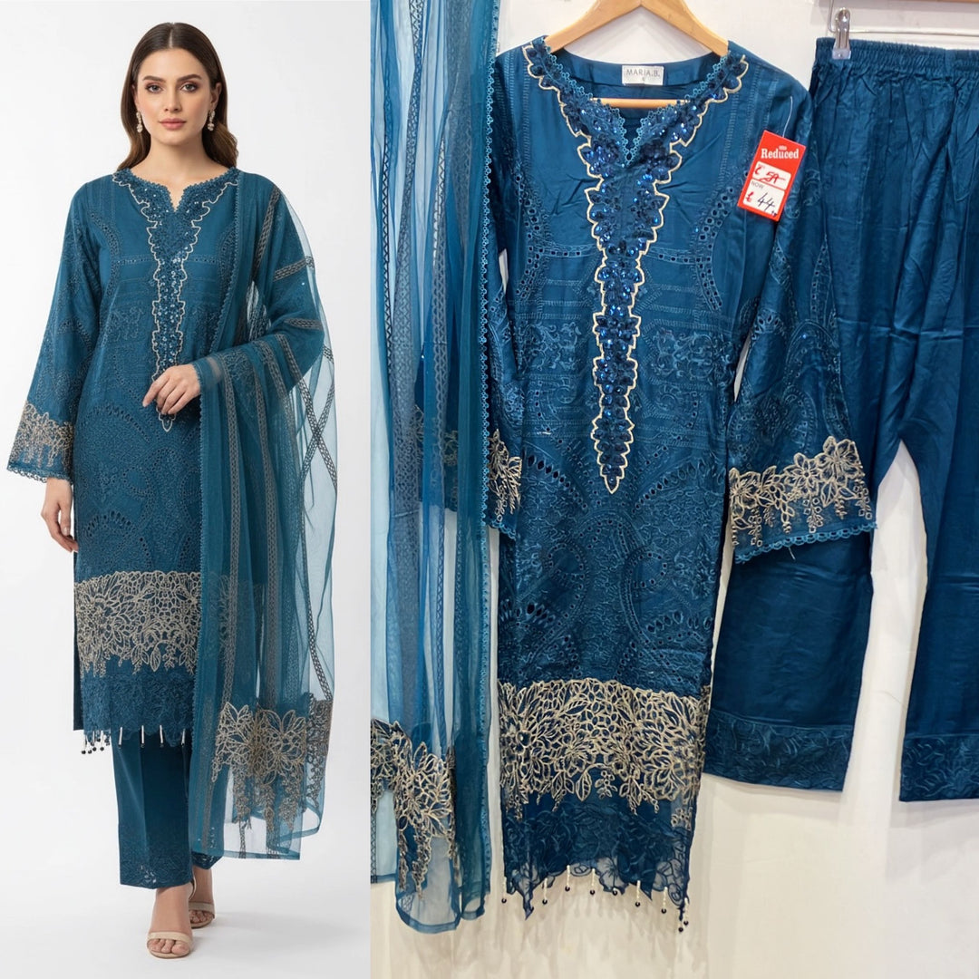 1173A - Turquoise Blue Embroidered Linen 3 Piece suit