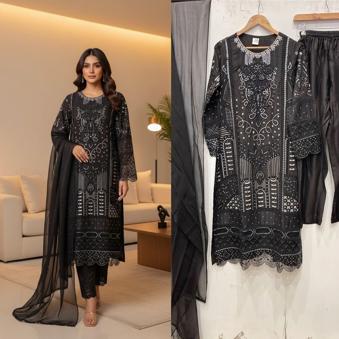 1184B - Black Embroidered Viscose 3 Piece suit