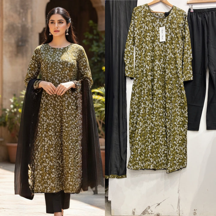 LS02 - GREEN COTTON PRINT LONG DRESS 3 PIECE SUIT