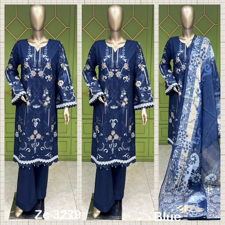 1118C- Blue Embroidered Cotton 3 Piece suit