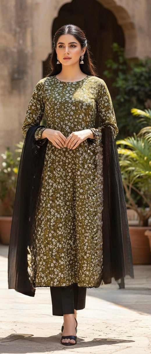 LS02 - GREEN COTTON PRINT LONG DRESS 3 PIECE SUIT