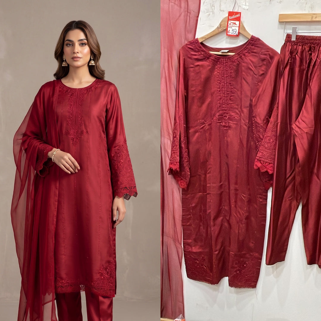 1125A - Red Embroidered Viscose Pakistani Suit with Chiffon Dupatta