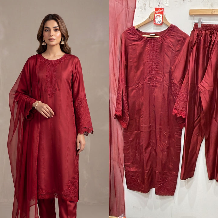 1125A - Red Embroidered Viscose Pakistani Suit with Chiffon Dupatta