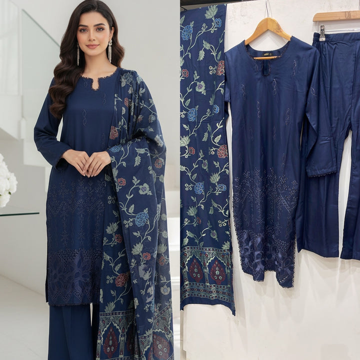 GF06 - BLUE DHANAK LINEN EMBROIDERED SUIT