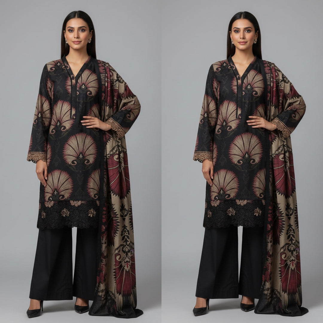 PL02 - EMBROIDERED LINEN PRINT 3 PIECE SUIT