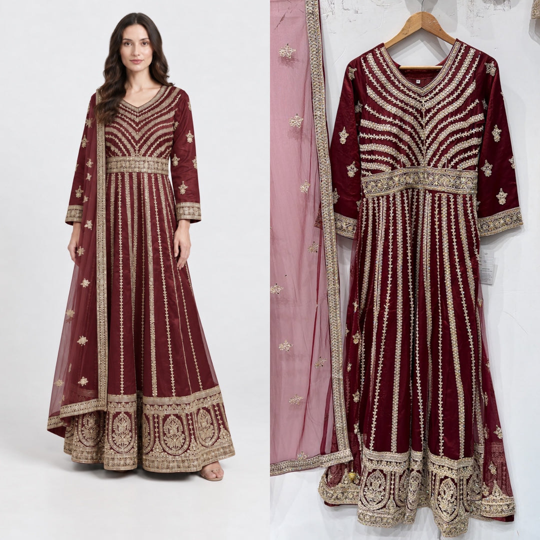 134D - Maroon Net  Embroidered Maxi Dress