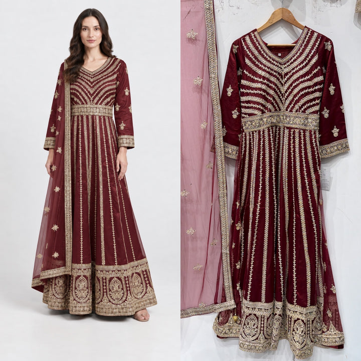 134D - Maroon Net  Embroidered Maxi Dress