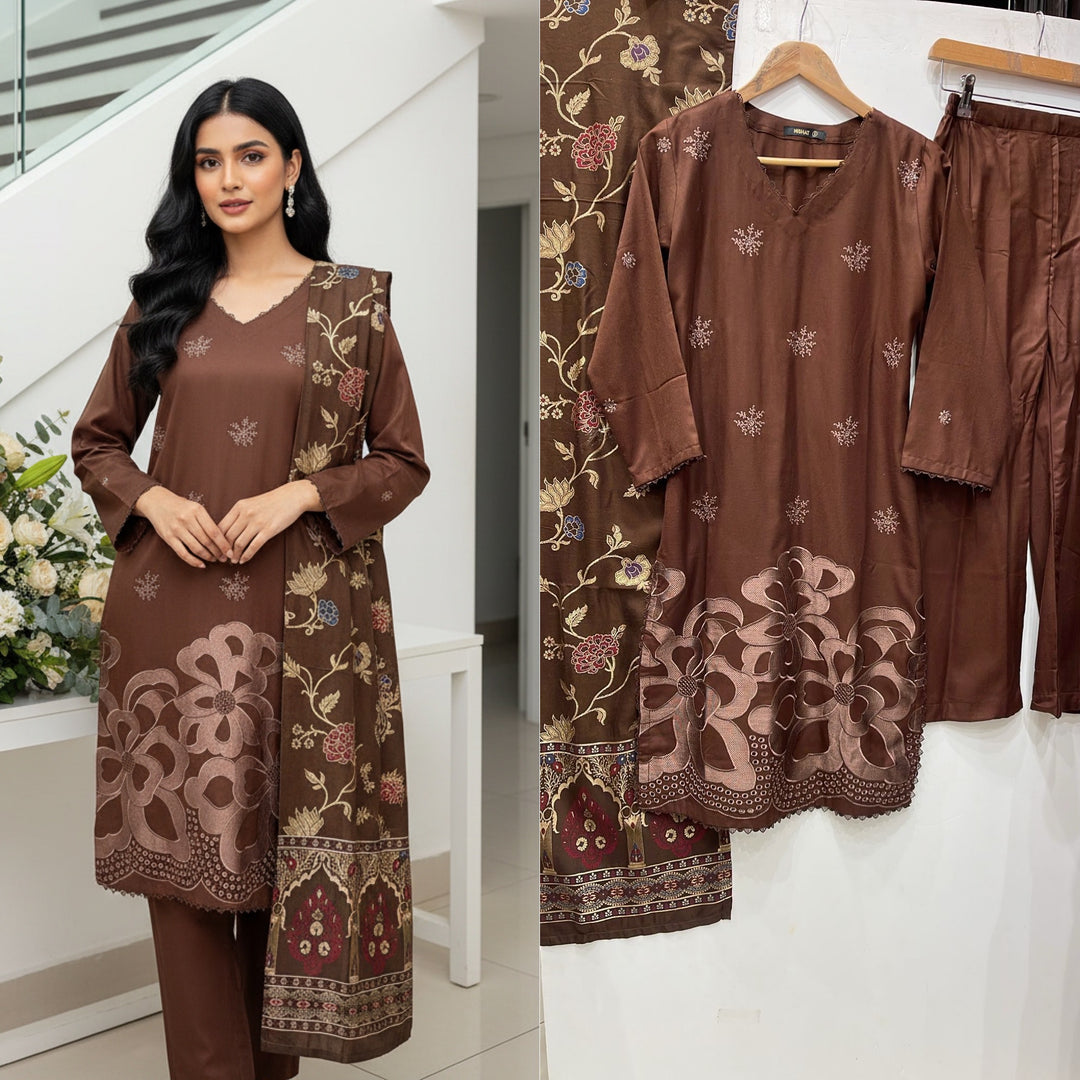 GF02 - BROWN DHANAK LINEN EMBROIDERED SUIT