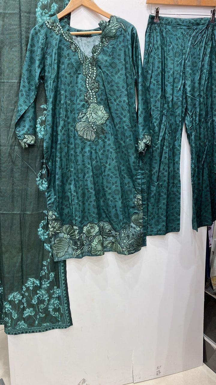 KB05 - EMBROIDERED LINEN PRINT 3 PIECE SUIT