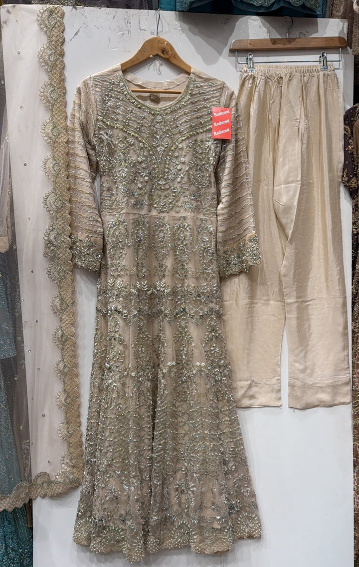 372A - BEIGE GOLD NET EMBROIDERED LONG DRESS