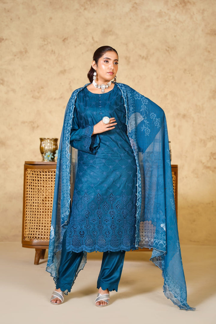 1167B - BLUE LINEN CHIKANKARI 3 PIECE SUIT