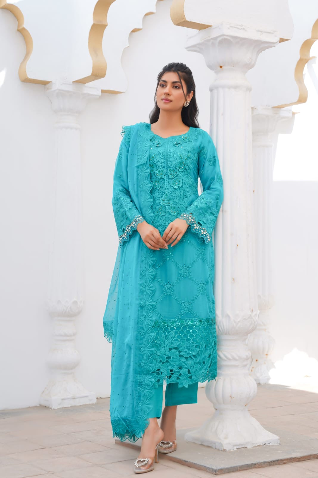 355A - Maria b inspired Turquoise Embroidered chiffon suit