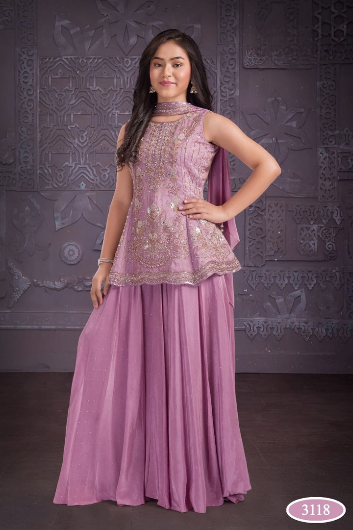 3118C - GIRLS PURPLE EMBROIDERED SHARARA DRESS