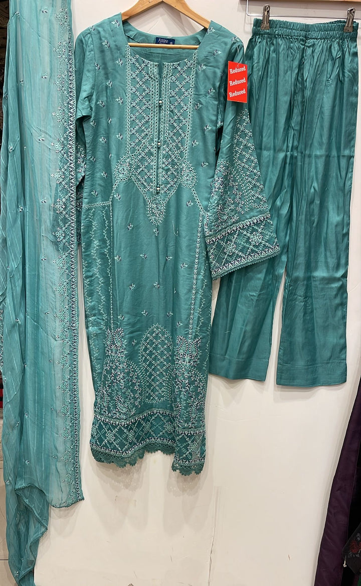 1174A - Teal Green Embroidered Linen 3 Piece suit