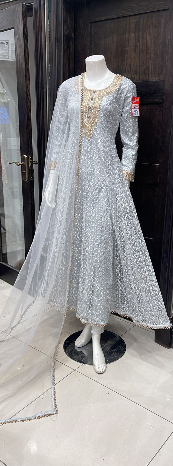 EMBROIDERED NET LONG DRESS 3 PIECE 307F