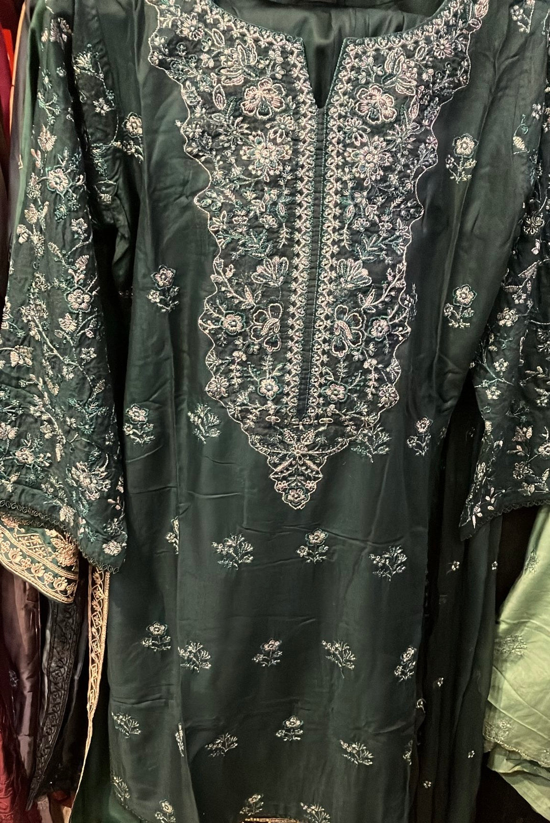 1164B- DARK GREEN LINEN EMBROIDERED 3 PIECE SUIT FARSHI SHALWAR