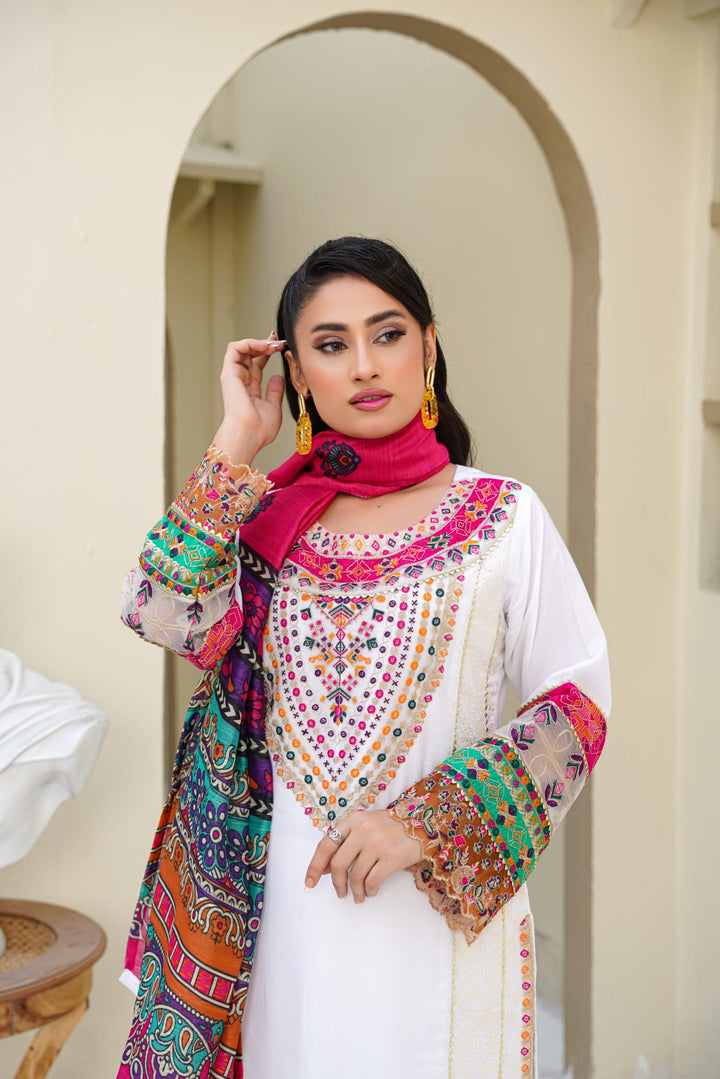 1169B -Embroidered Linen Cotton 3 Piece Gharara suit