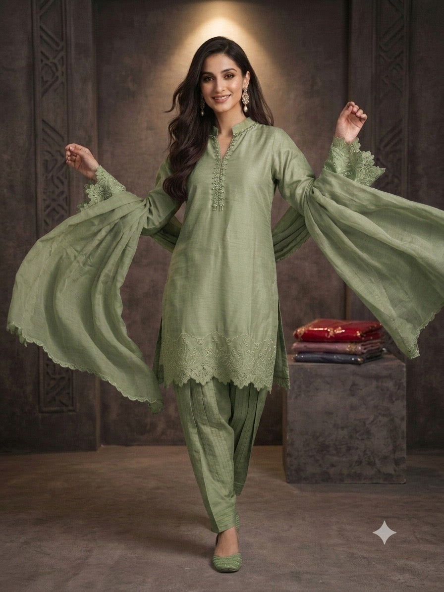 1116A - Light Green Embroidered Viscose Shalwar suit