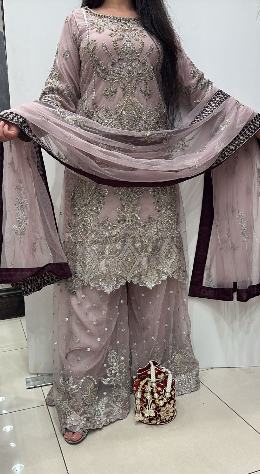 351D - LILAC NET EMBROIDERED SHARARA SUIT