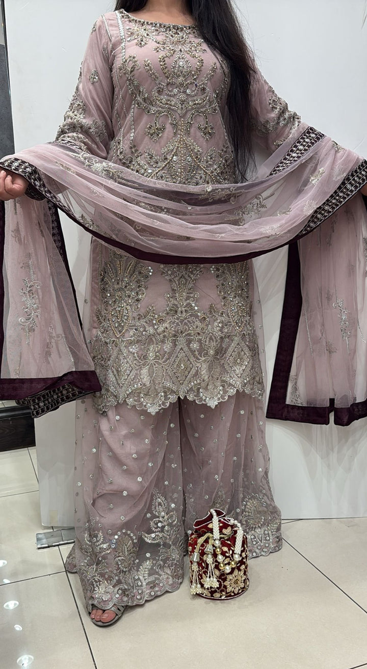 351D - LILAC NET EMBROIDERED SHARARA SUIT