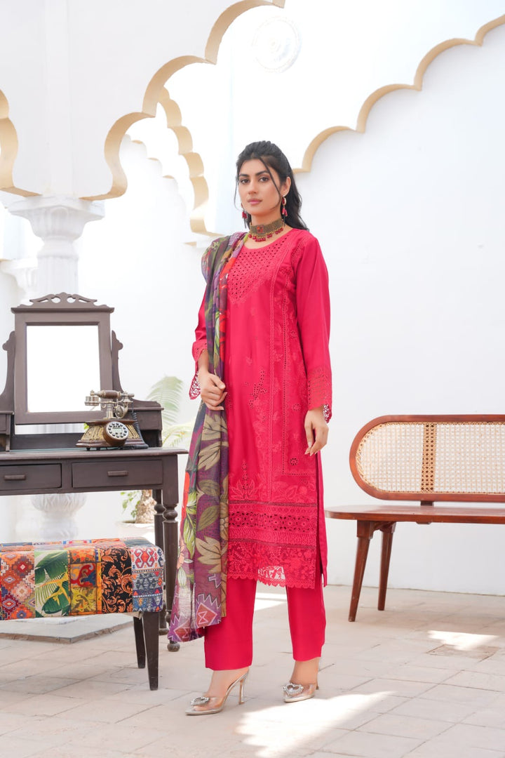 LP07C - RED EMBROIDERED LINEN 3 PIECE SUIT